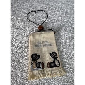 Handmade Cross Stitch Bless Our Home Hanging Wall Decor Heart Wire Hanger